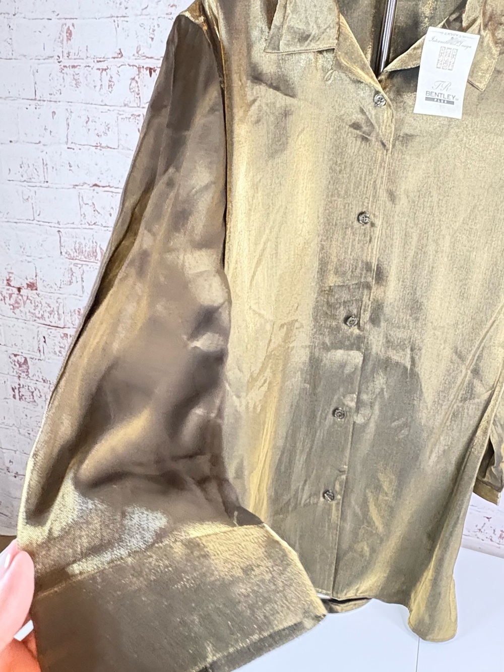 Bentley Gold Long Sleeve Button-Up Satin Top